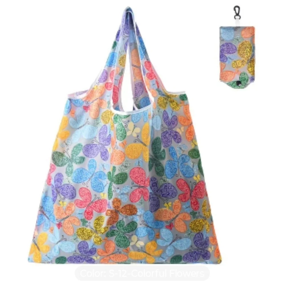 Colorful Butterfly Foldable Reusable Large Tote Bag with Pouch - Picture 2 of 3